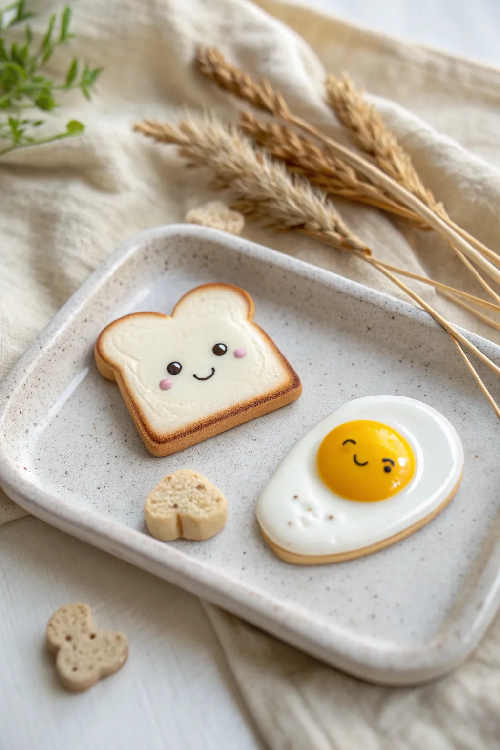Mini toast and sunny-side egg clay characters on a tiny tray, cozy minimalist and cute