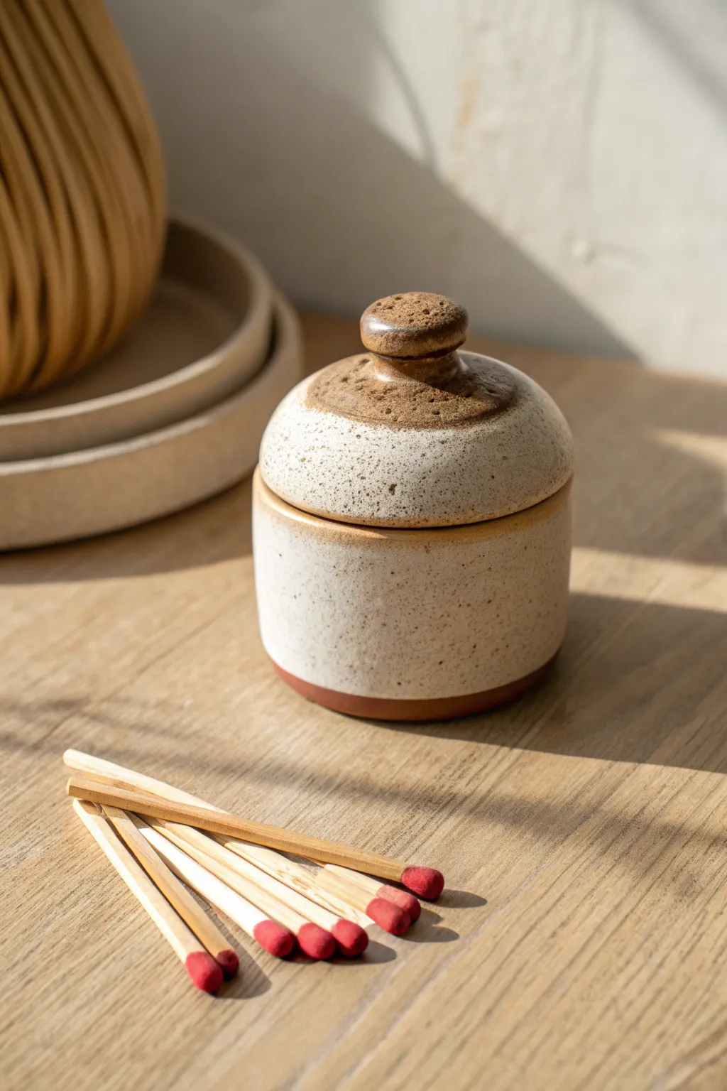 Tiny match striker pot with lid, warm minimal styling and matches for scale, handmade charm