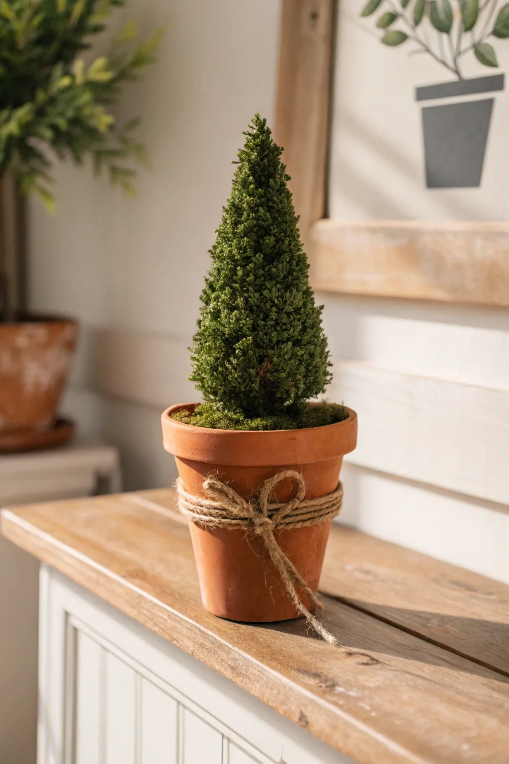 A tiny terracotta pot topiary cone adds effortless Scandinavian boho charm to your mantel decor.