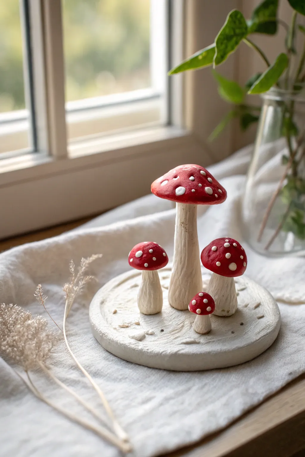 Mini air-dry clay mushroom patch in Scandinavian boho style, sweet and simple centerpiece.