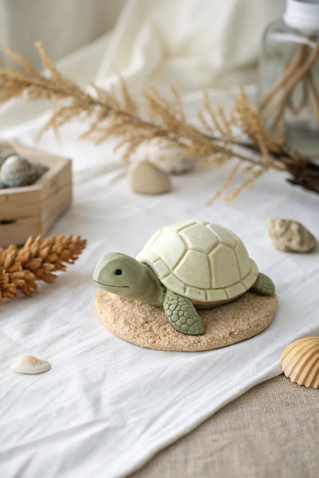 Tiny patterned Model Magic turtle on sand-tone base, minimalist boho styling, soft natural light