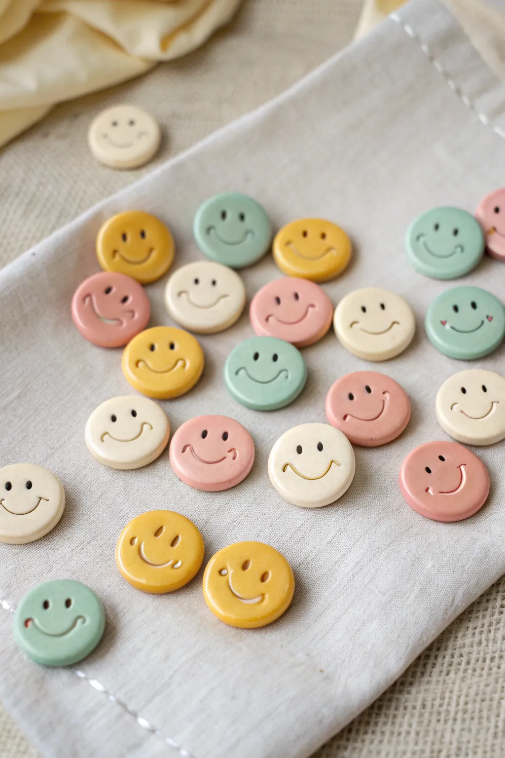 Handmade clay smiley pins and magnets in soft pastel tones, styled minimal on linen.