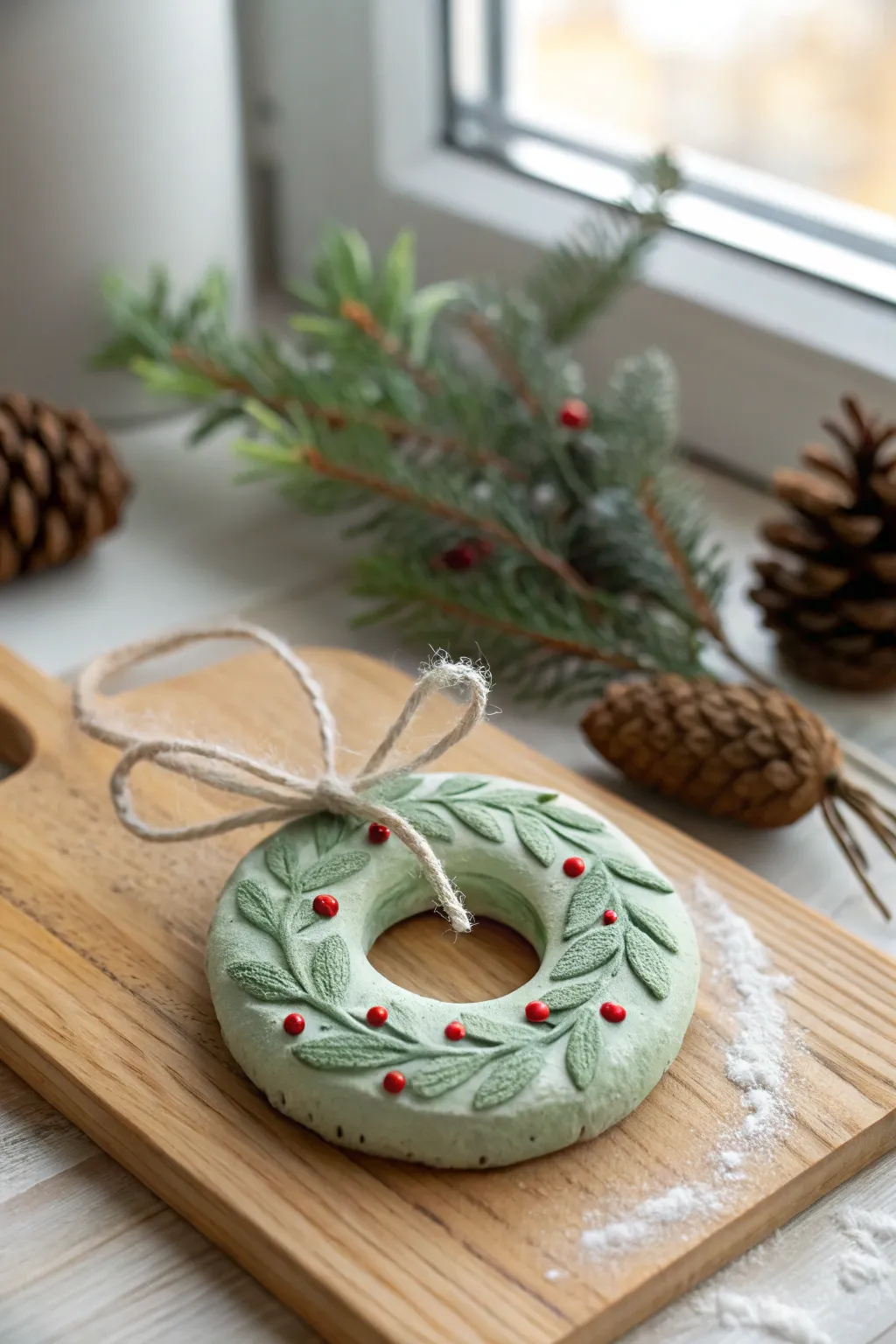 Tiny clay wreath ornament with berry dots and ribbon loop, styled on wood for festive calm.