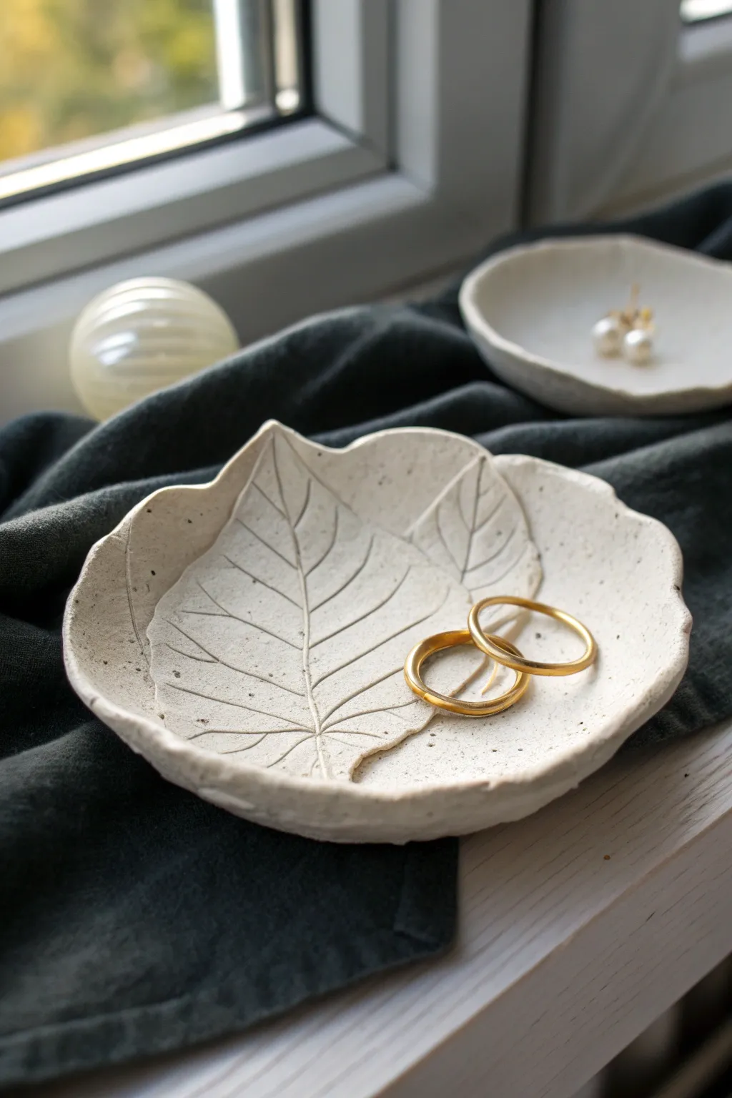 Leaf-imprint trinket dish with subtle veins, a minimalist place to keep rings and earrings.