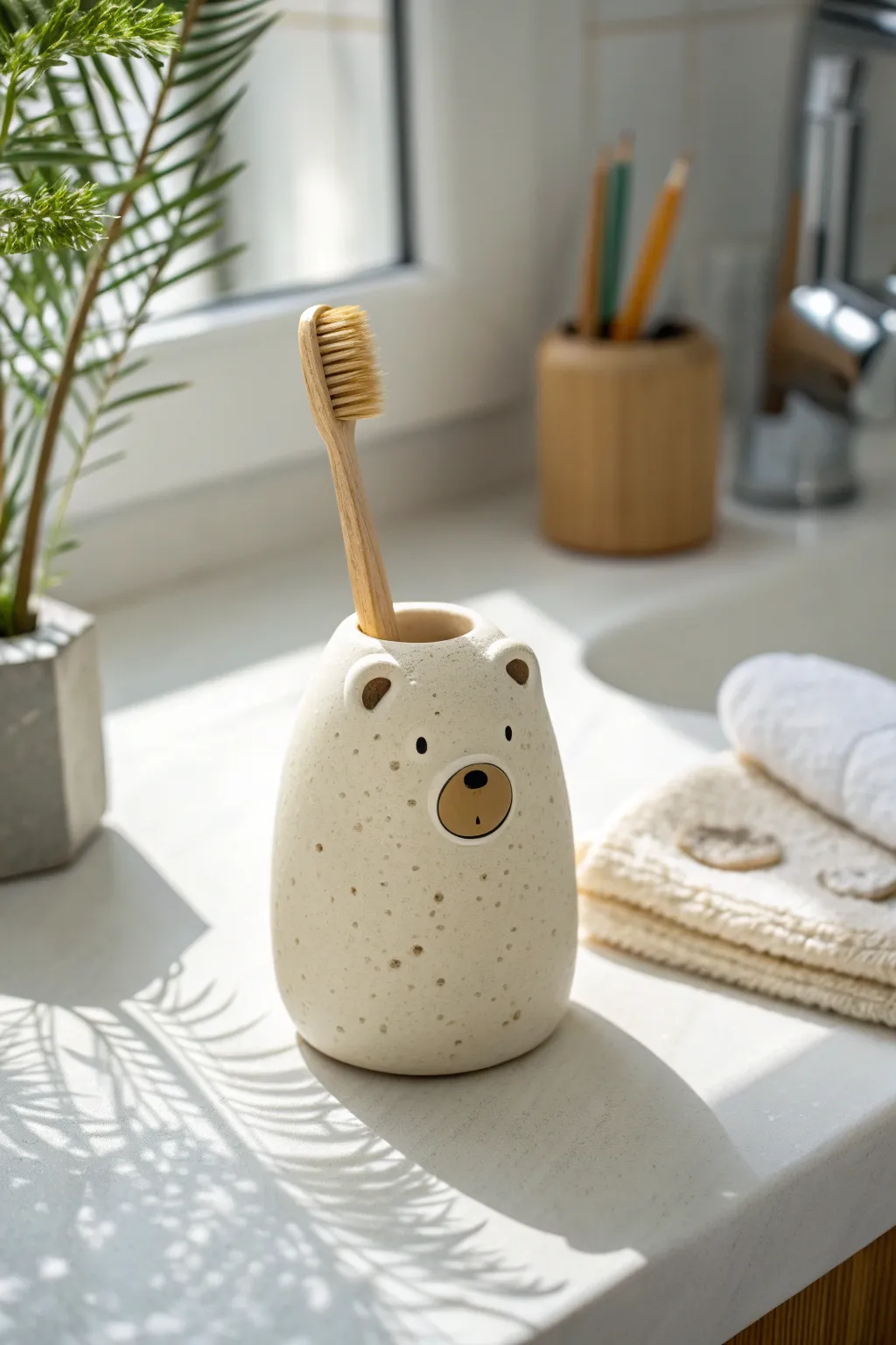 Cute bear clay toothbrush holder in minimalist Scandi bathroom style, simple DIY pottery idea
