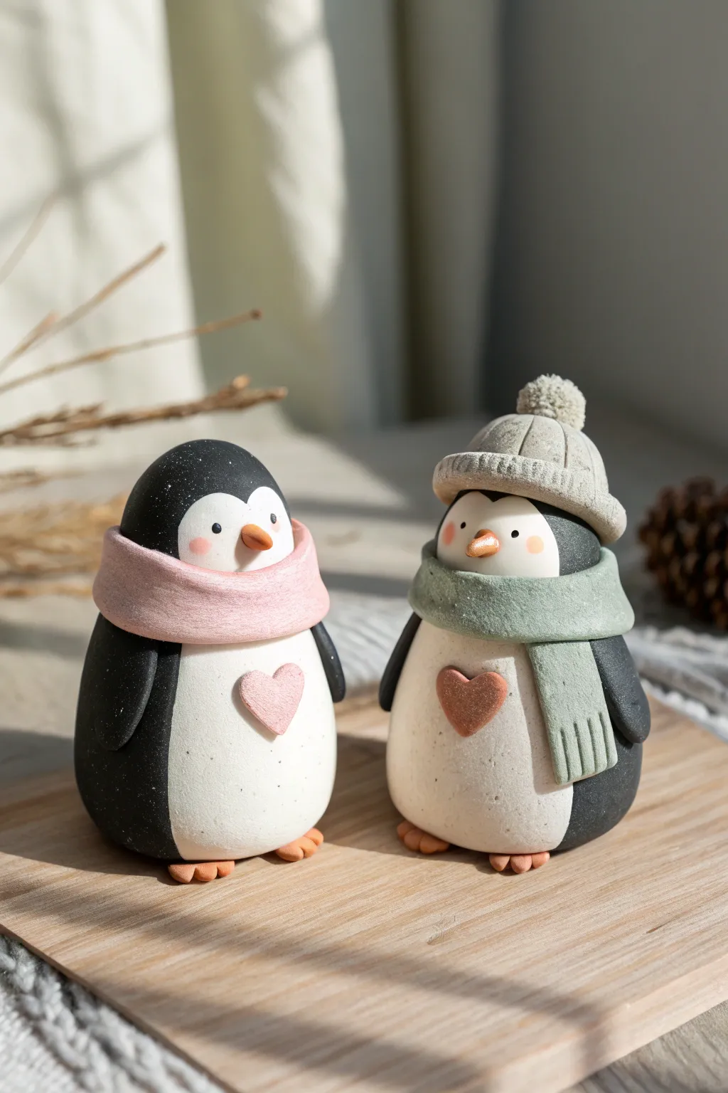 Sweet matching clay penguins with tiny scarves and a heart, a cozy couples craft idea