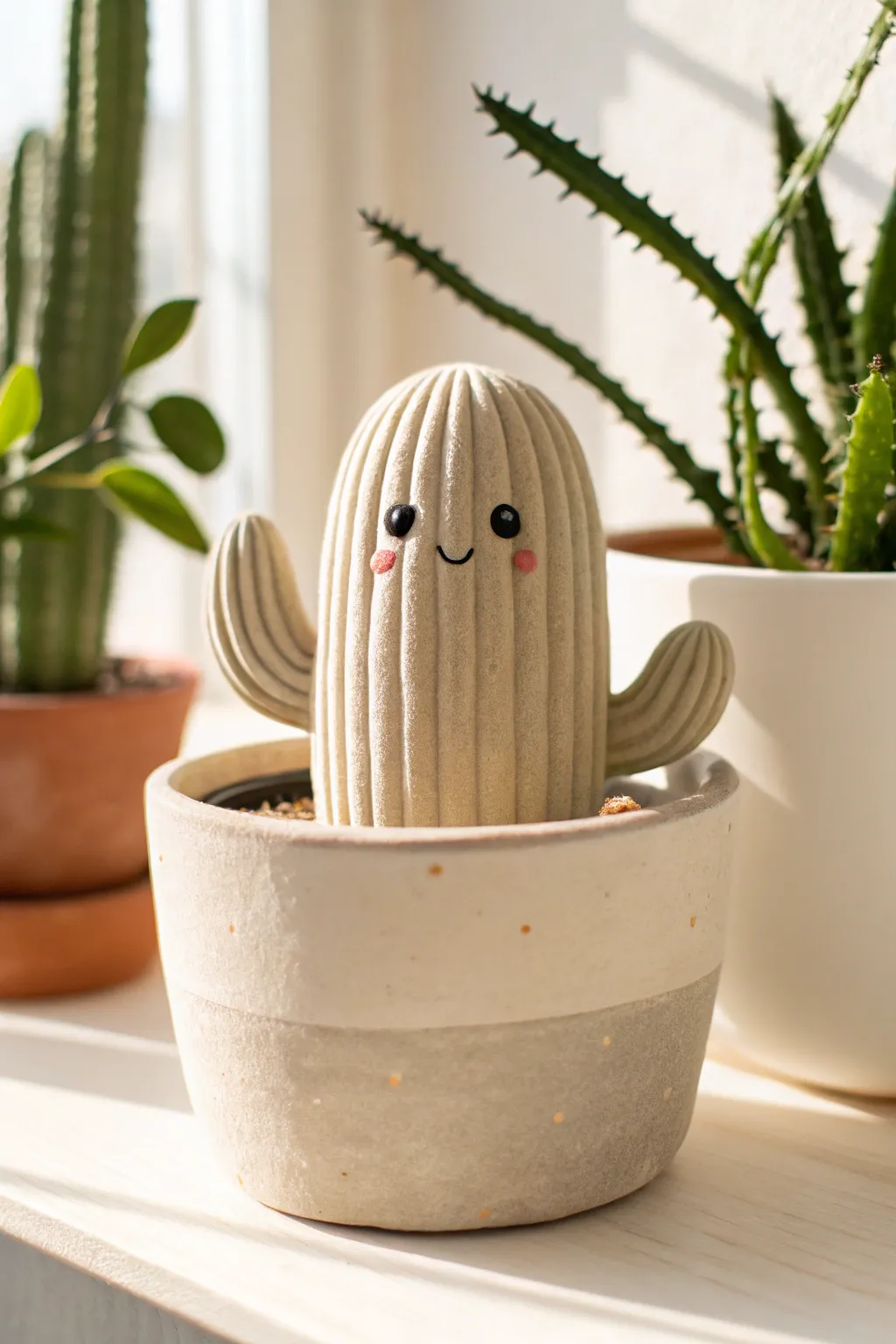 A sweet cactus buddy planter sculpture in minimalist clay, perfect for a cozy shelf moment.