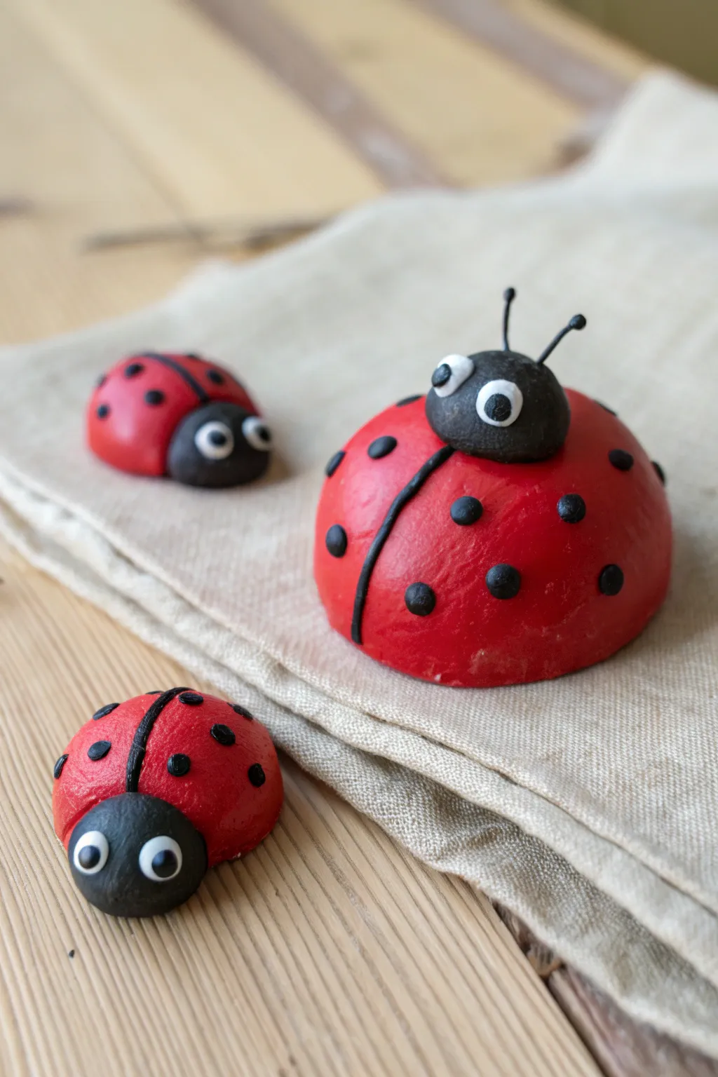 Sweet beginner clay ladybug duo on linen, minimalist Scandinavian style with cozy boho warmth