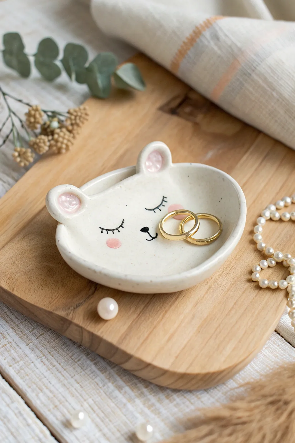 Sleepy bear trinket dish in soft clay tones, a cozy minimalist spot for rings and beads.