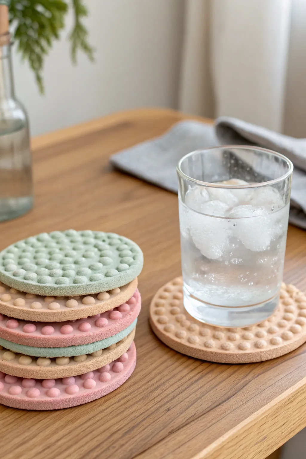 Soft pastel bubble-texture clay coasters stacked neatly, minimal and boho on a light oak table