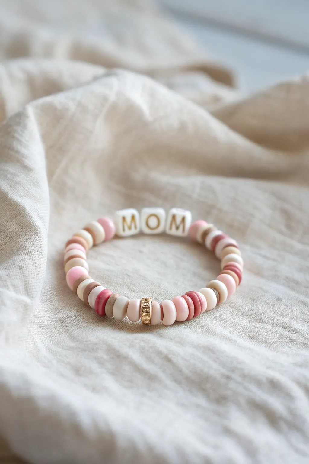 Candy stripe clay bead bracelet with MOM centerpiece, soft linen backdrop, sweet Mothers Day idea