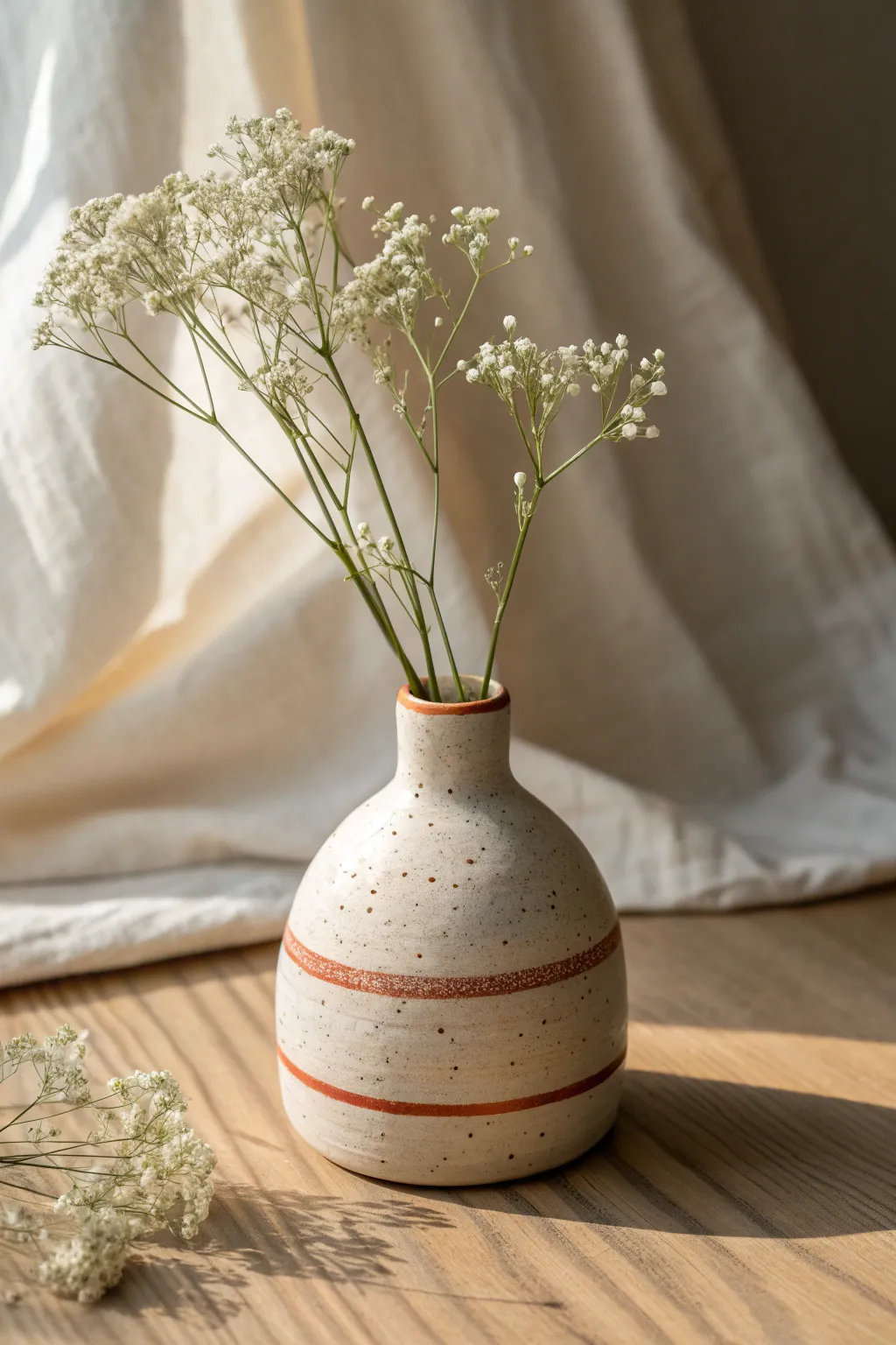Tiny handmade clay bud vase with simple stripes and wildflowers, perfect for an easy Mothers Day gift