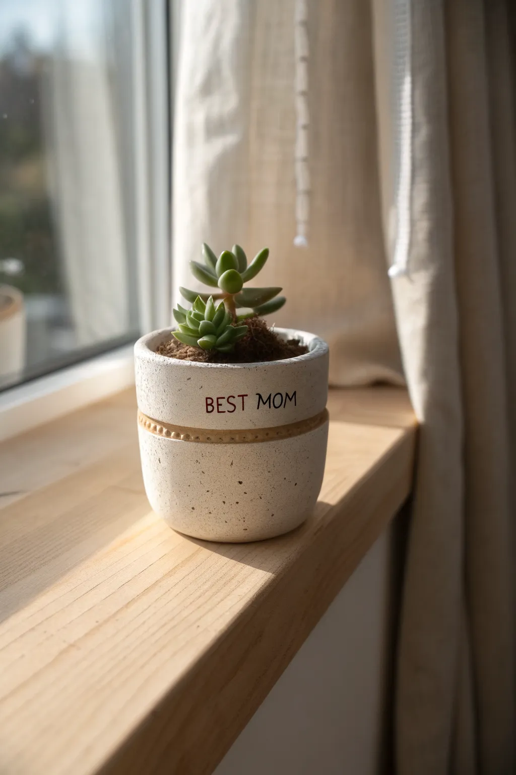 Tiny handmade clay planter with a sweet carved message, made for a bright Mothers Day windowsill.