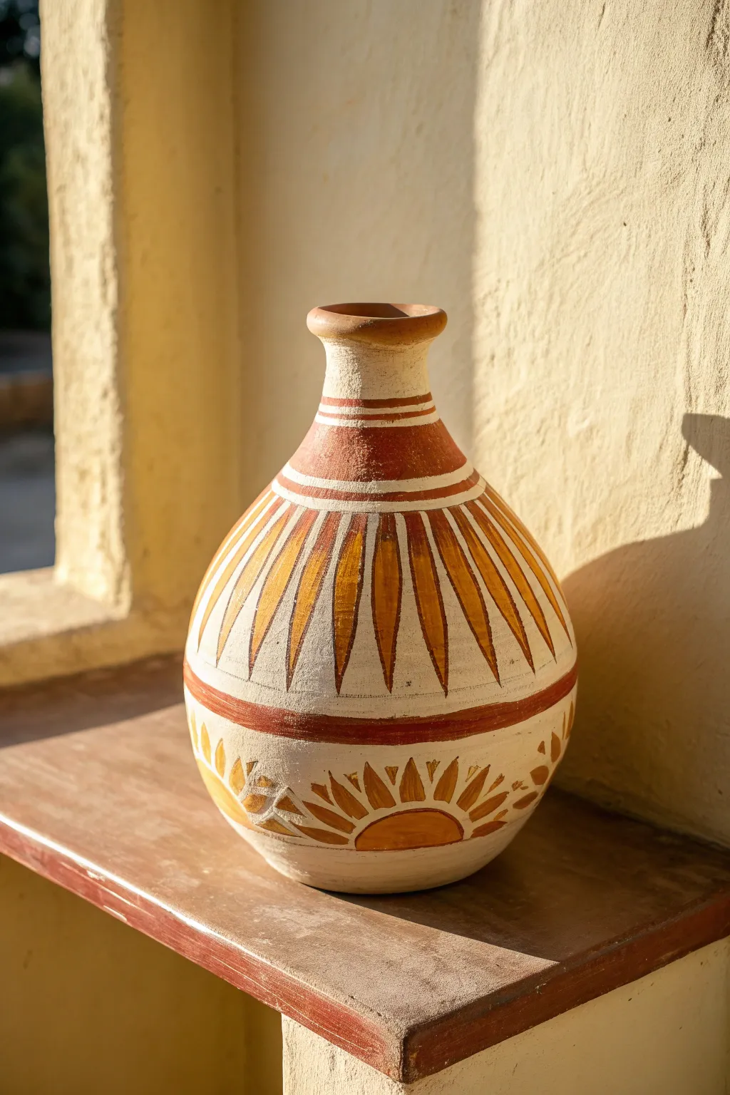 Terracotta mud vase with mustard, white, and rust sunburst lines for a warm retro vibe.