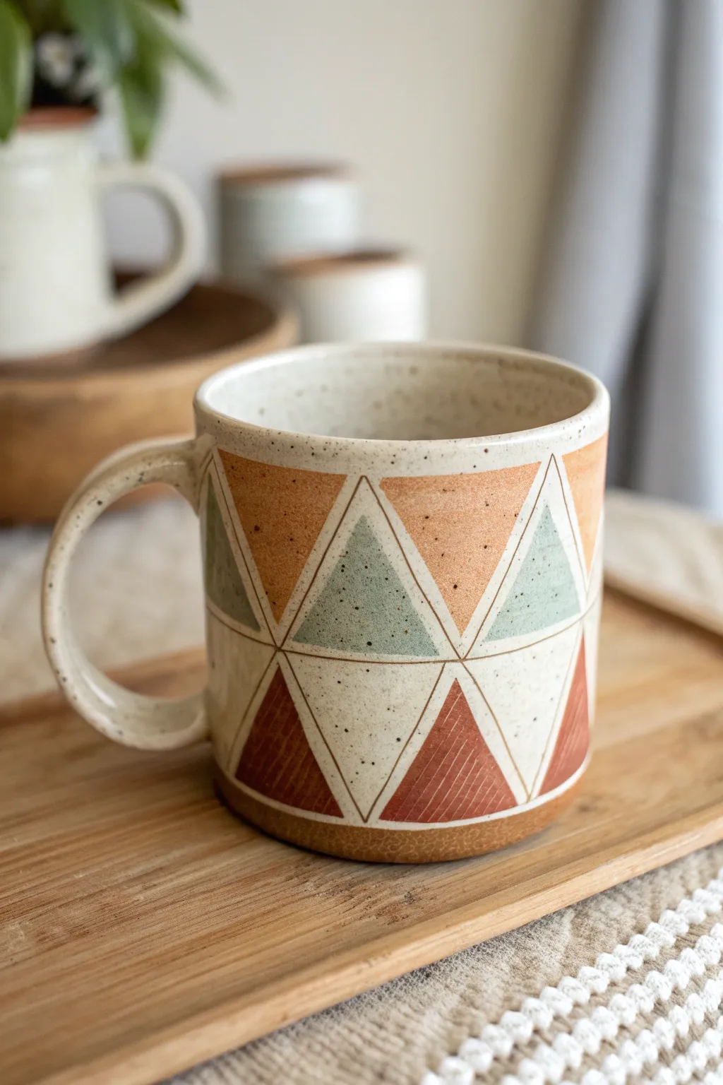 Minimalist tape-resist mug with crisp geometric lines and soft earthy colors, clean and modern.
