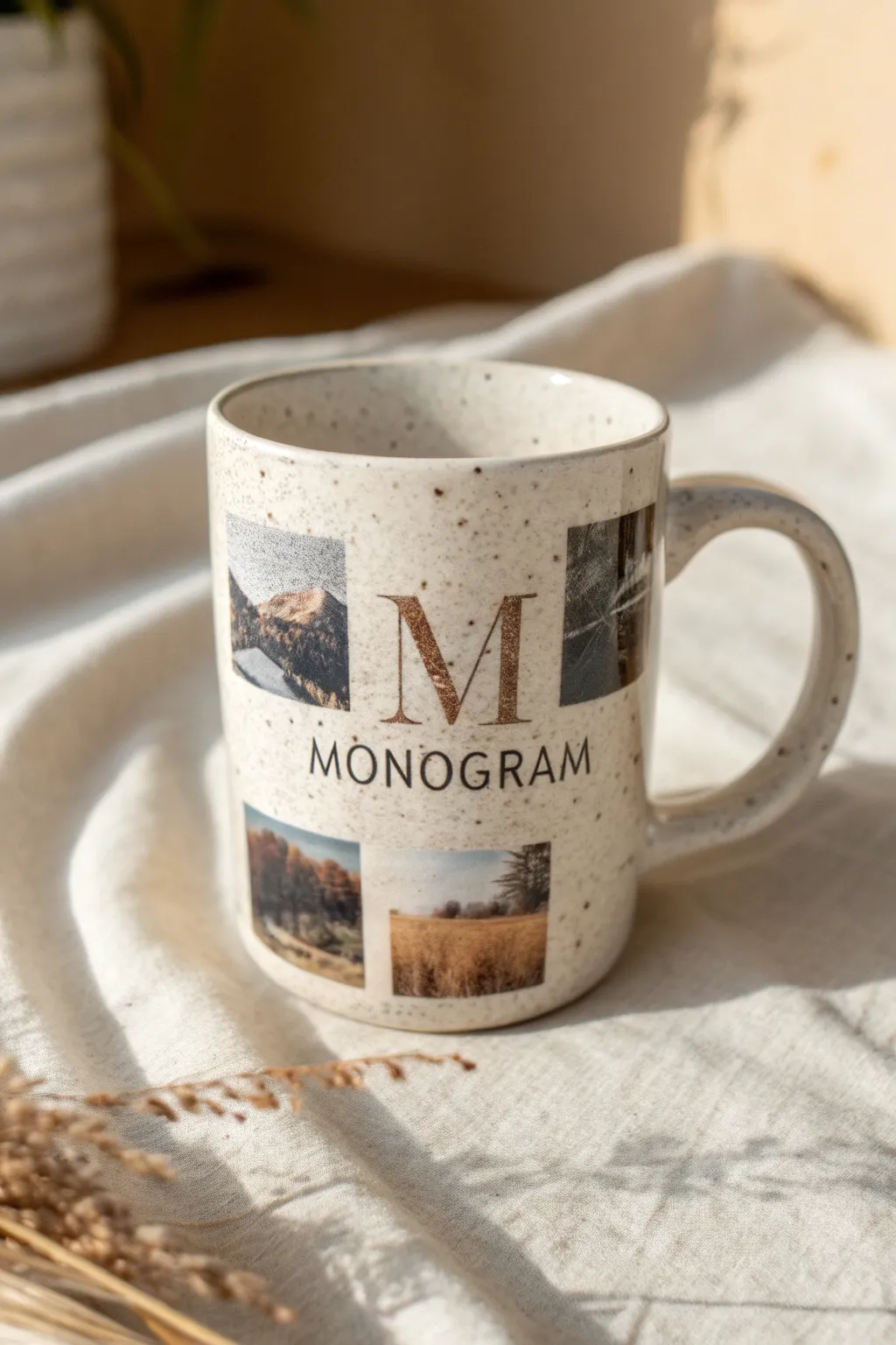 Minimal monogram mug with photo-collage fill, a chic DIY design for cozy Scandinavian kitchens.