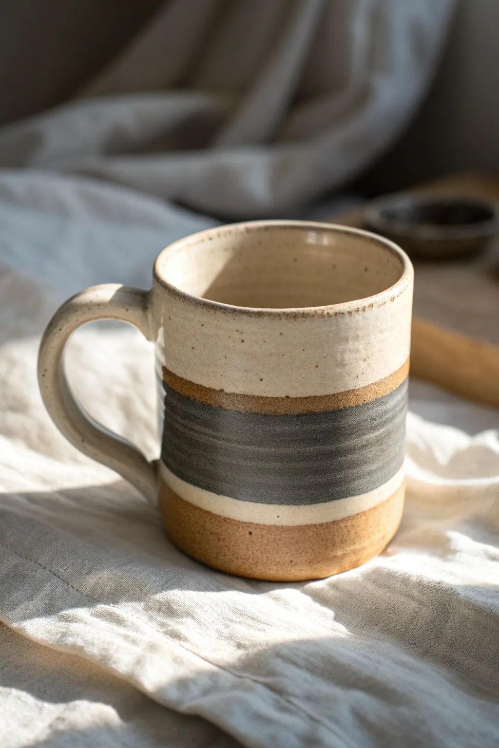 Crisp stripe resist mug glazing: clean bands in two tones for a modern, cozy handmade look.