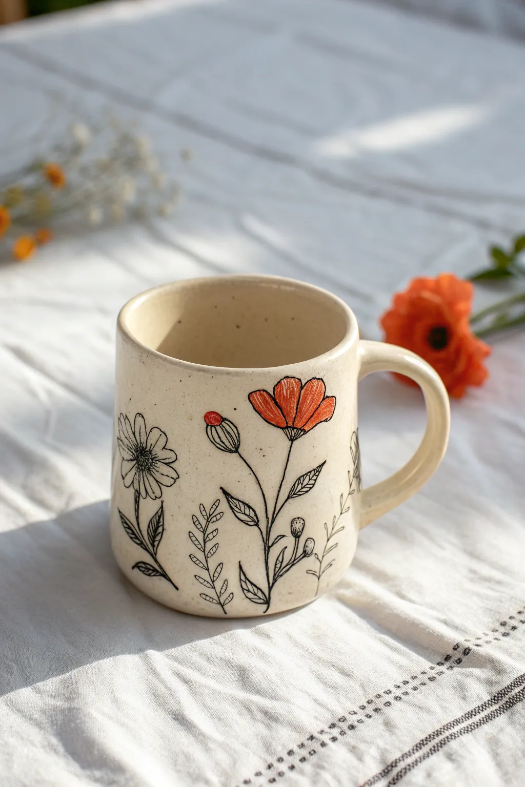 Minimal line-art flowers with a bright coral pop for an easy, modern mug design