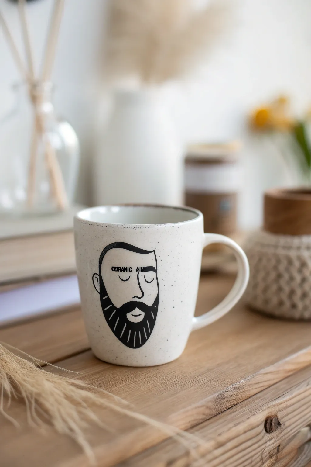 Minimal line-art profile with a bold beard on a white mug, modern and easy to paint.