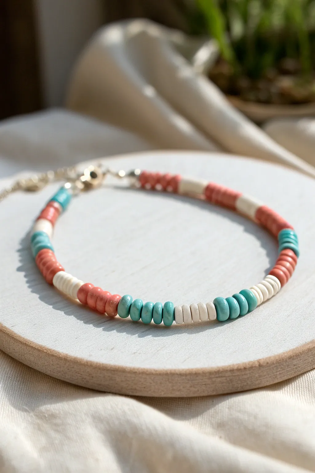 Coral and turquoise heishi bracelet with clean white spacers, bright and minimal in daylight.