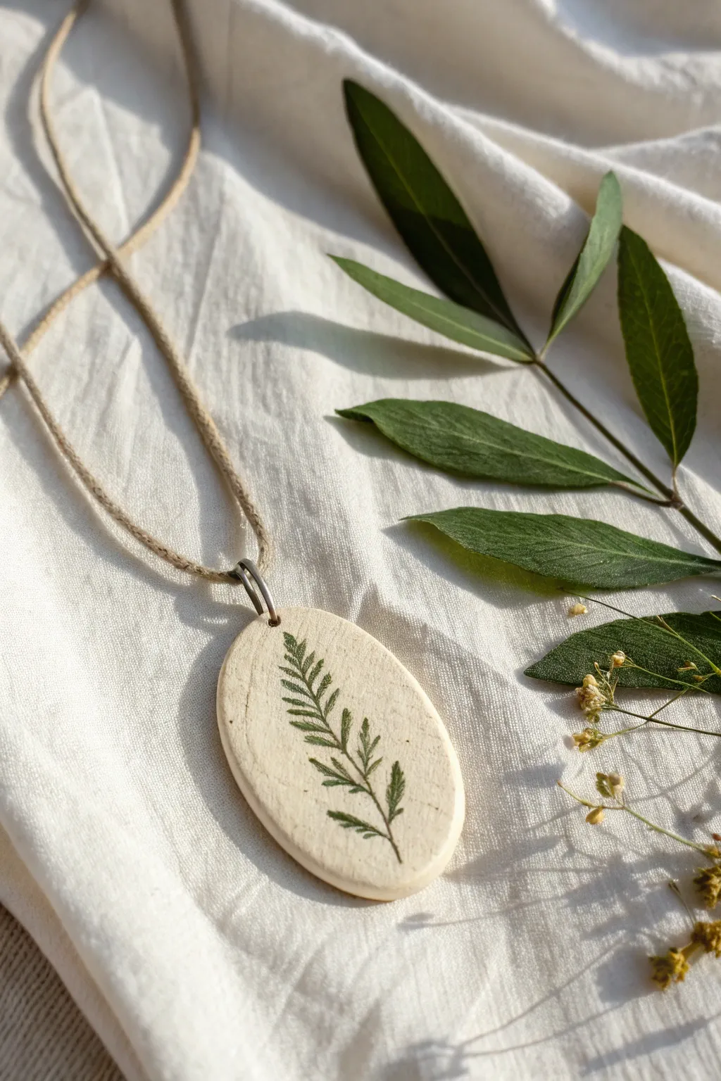Botanical clay pendant with leaf-vein texture on linen, simple Scandinavian boho elegance