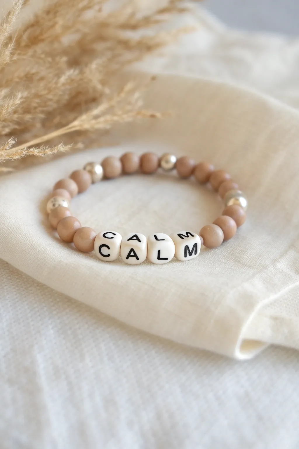 Neutral clay bead bracelet with calming letter beads in cream and taupe, minimalist boho vibe.