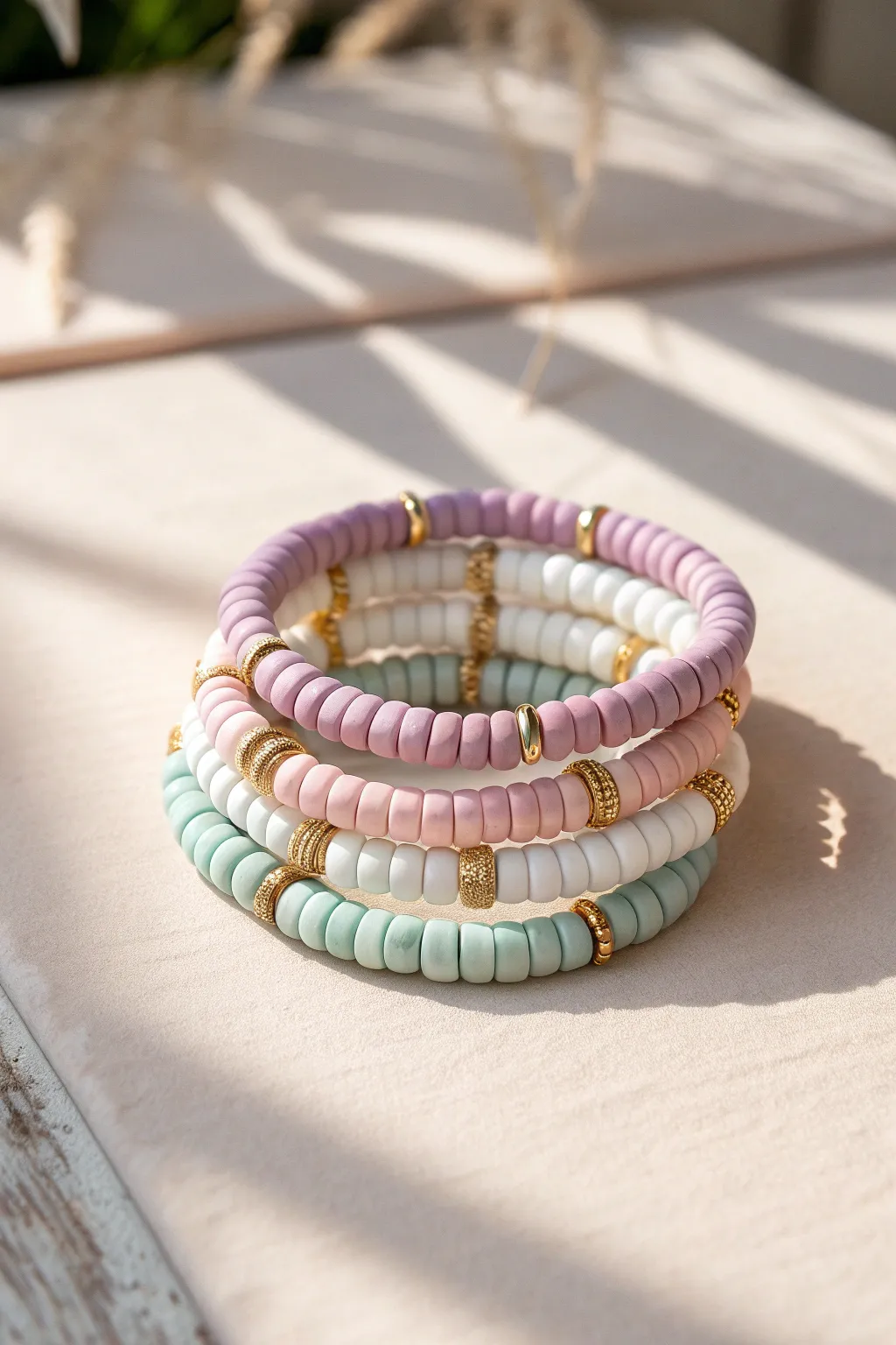 Fresh start pastel clay heishi stack with subtle gold spacers, clean minimal light and soft boho mood