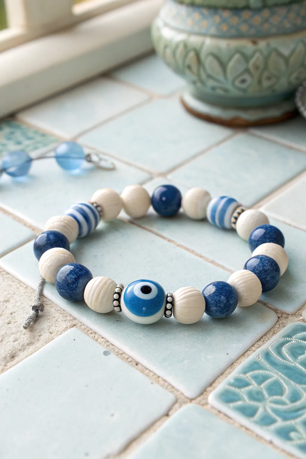Ocean-blue clay bead bracelet with a centered evil eye bead for a calm, coastal accent.