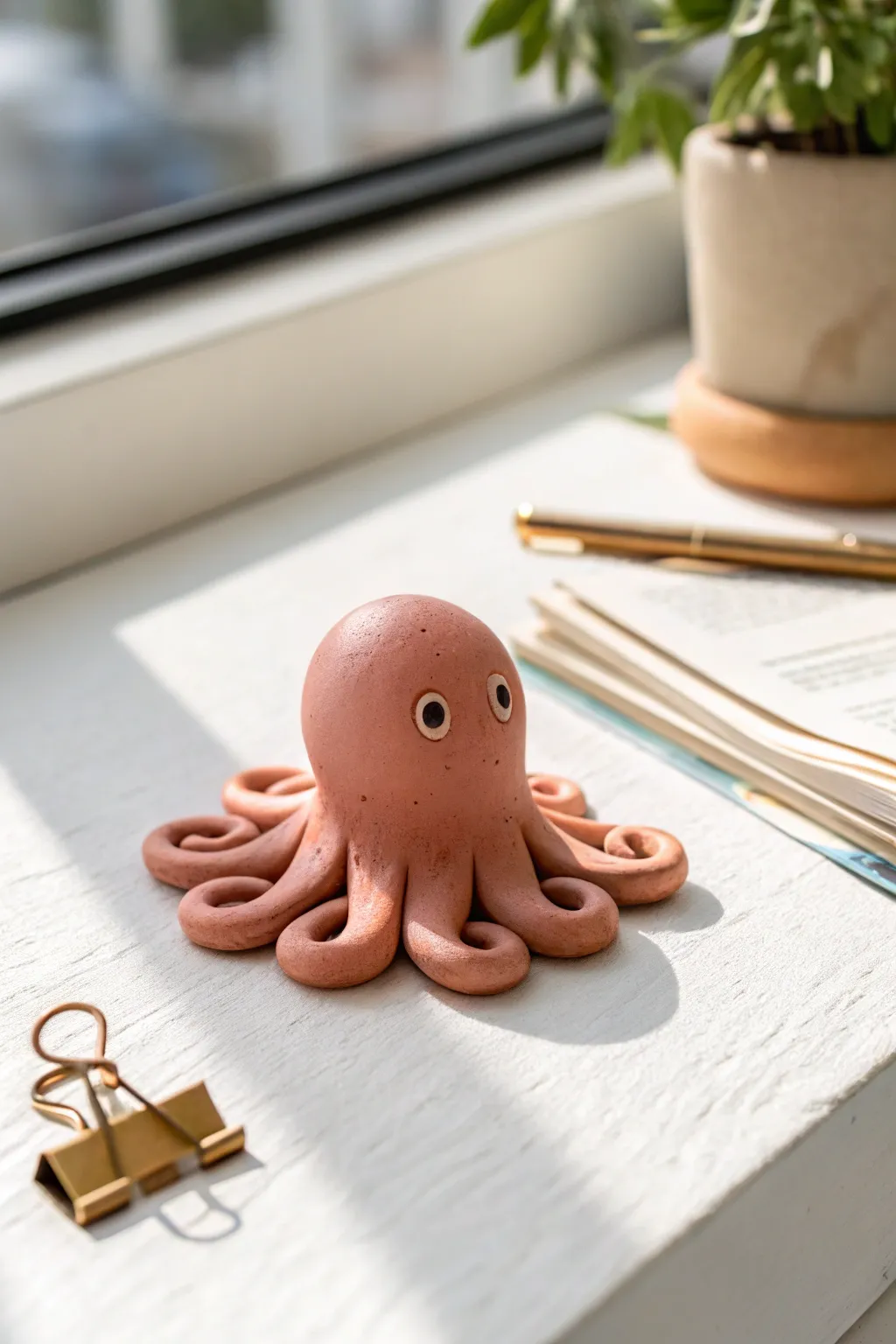 Tiny clay octopus desk buddy adds whimsical calm to a minimalist workspace, handmade charm.