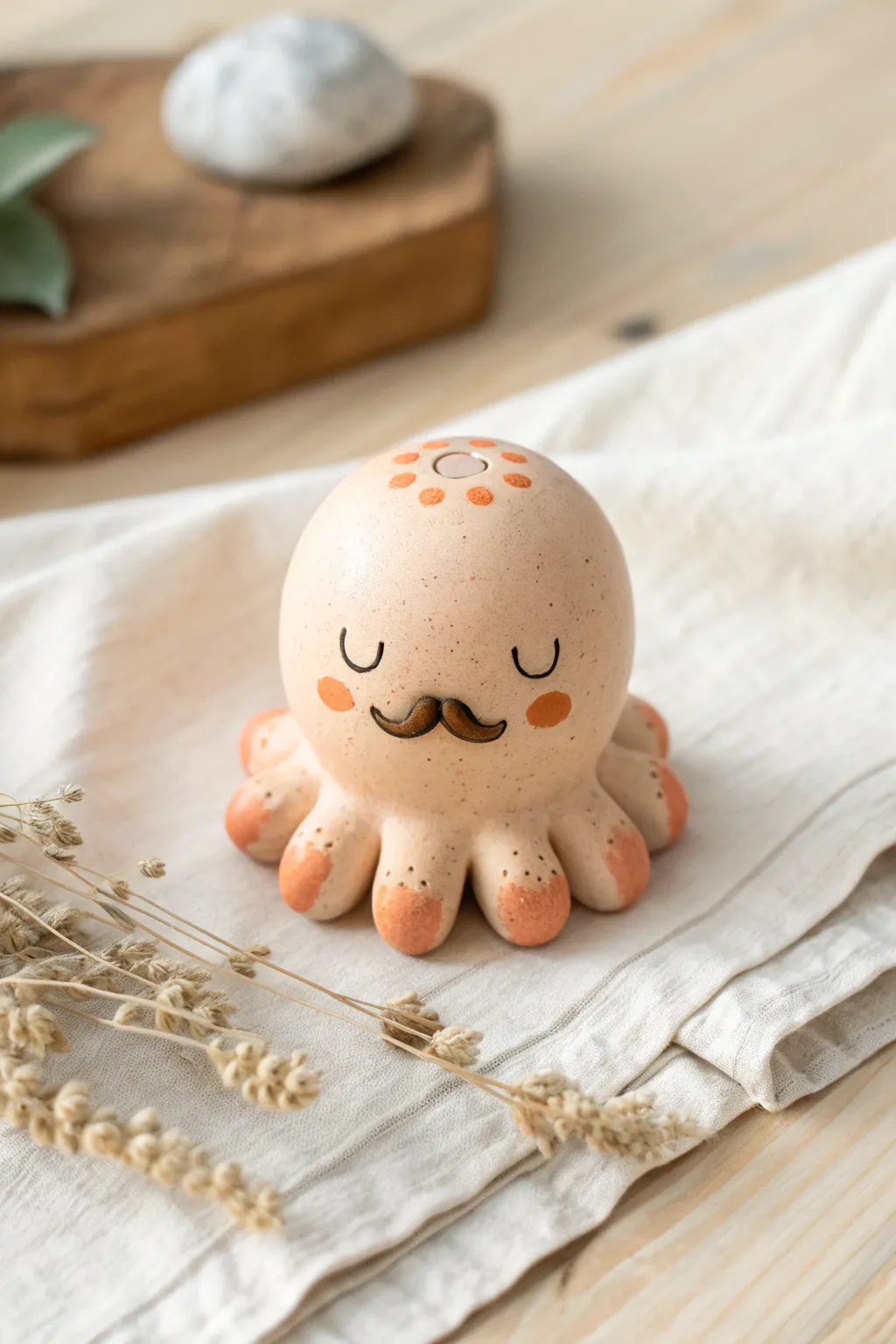 Cute chubby clay octopus with a tiny mustache, minimalist and cozy in soft natural light.