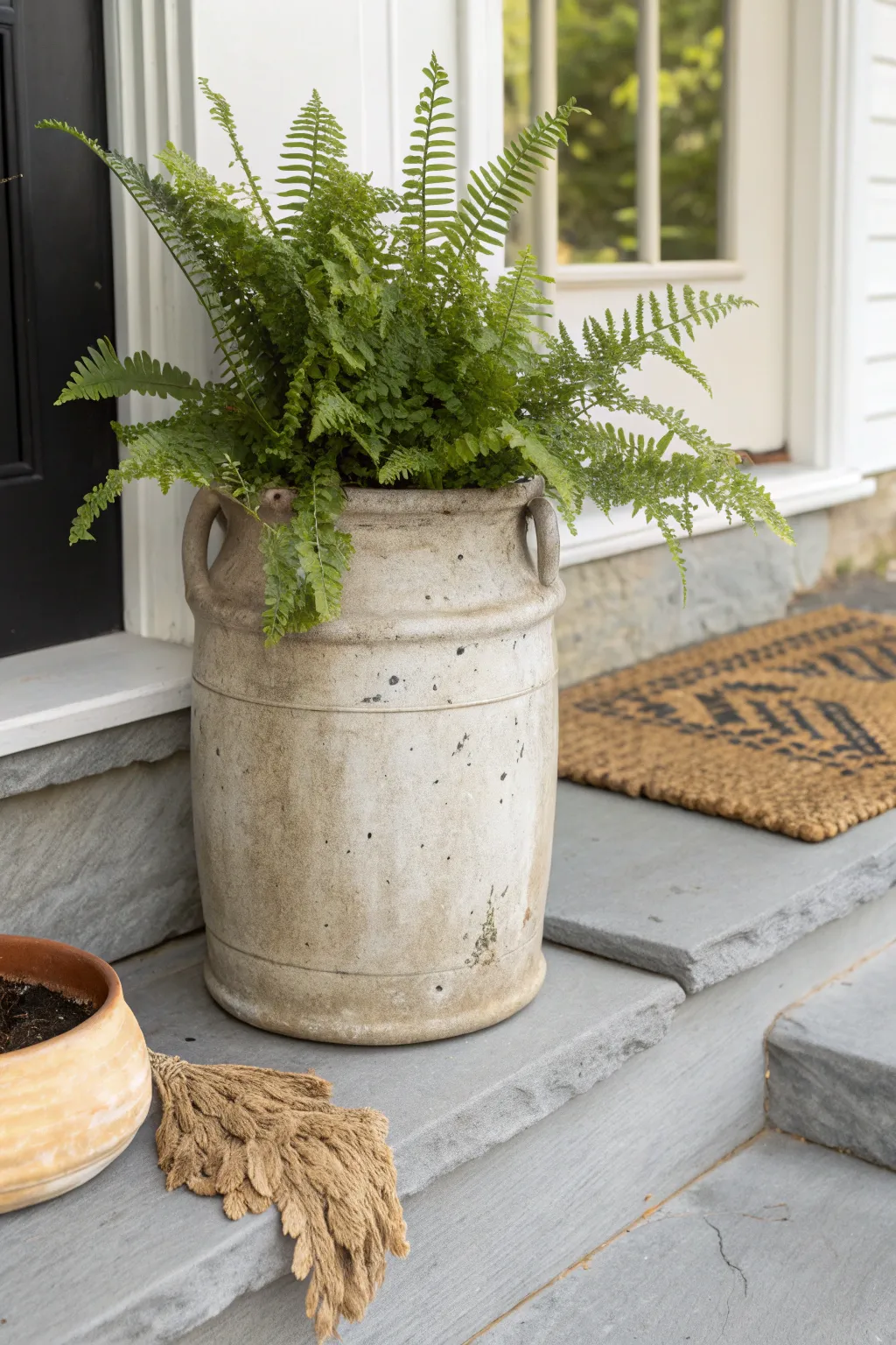 Turn an old crock into a porch planter with a hidden pot and lush fern for instant charm.