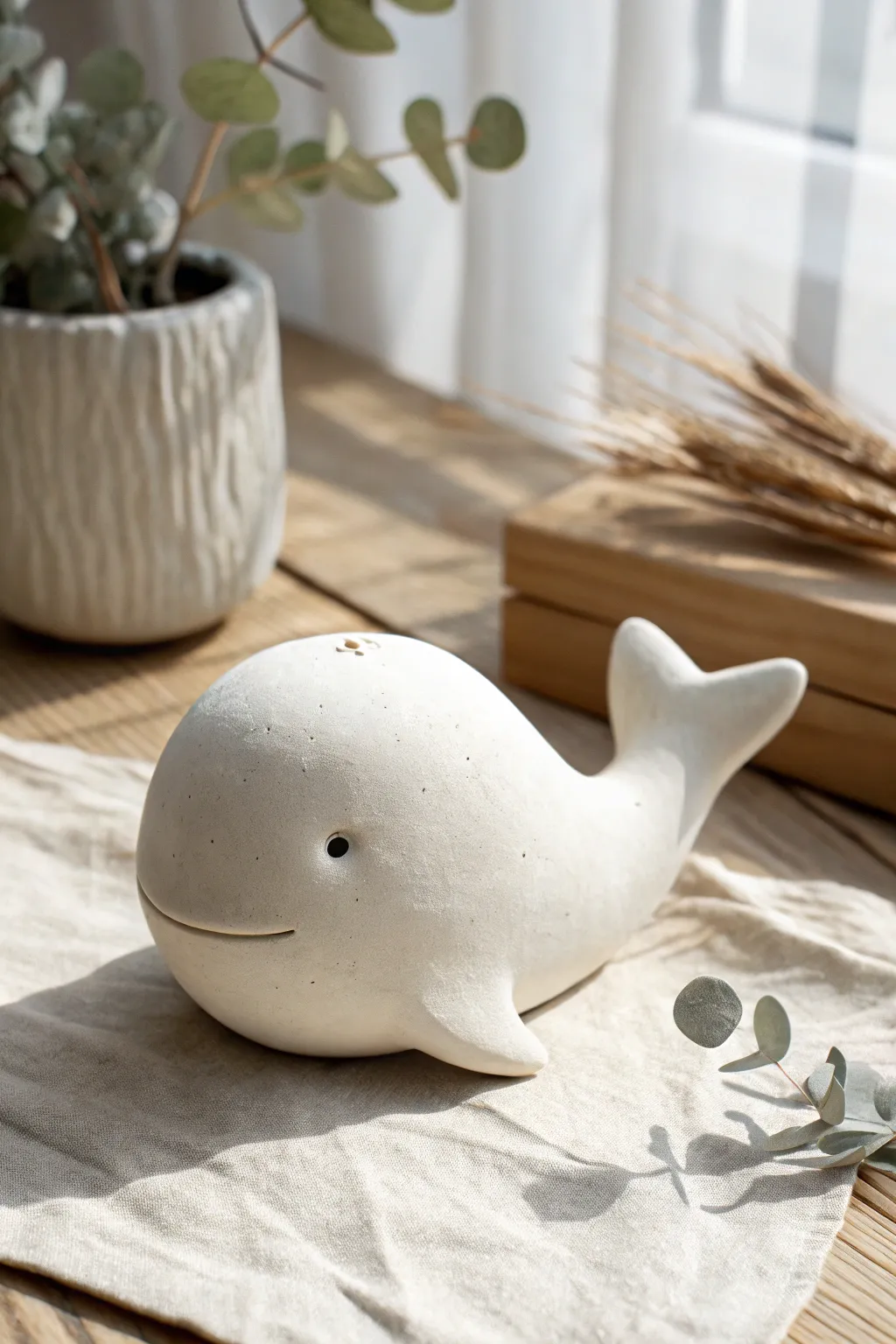 Monochrome clay whale with poked eyes, minimalist and cozy for easy one-color pottery ideas.