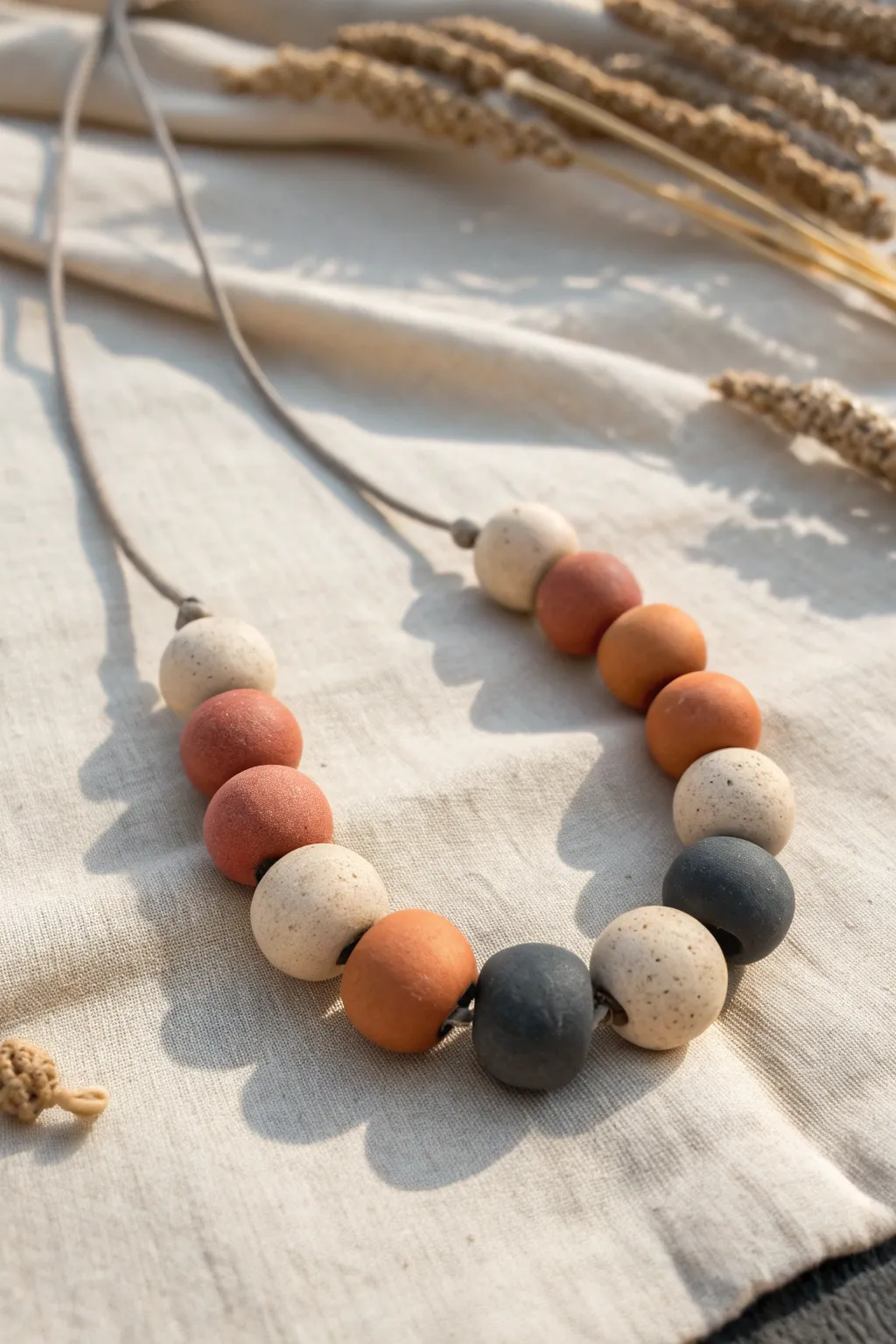Modern oversized clay bead necklace in cream, terracotta, and charcoal on linen