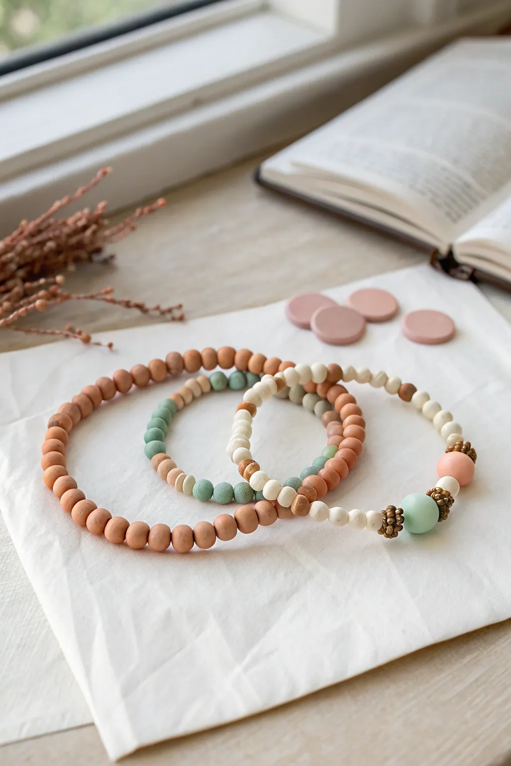Tiny oven-bake clay bead bracelets with mixed shapes, styled simply for a soft boho look.