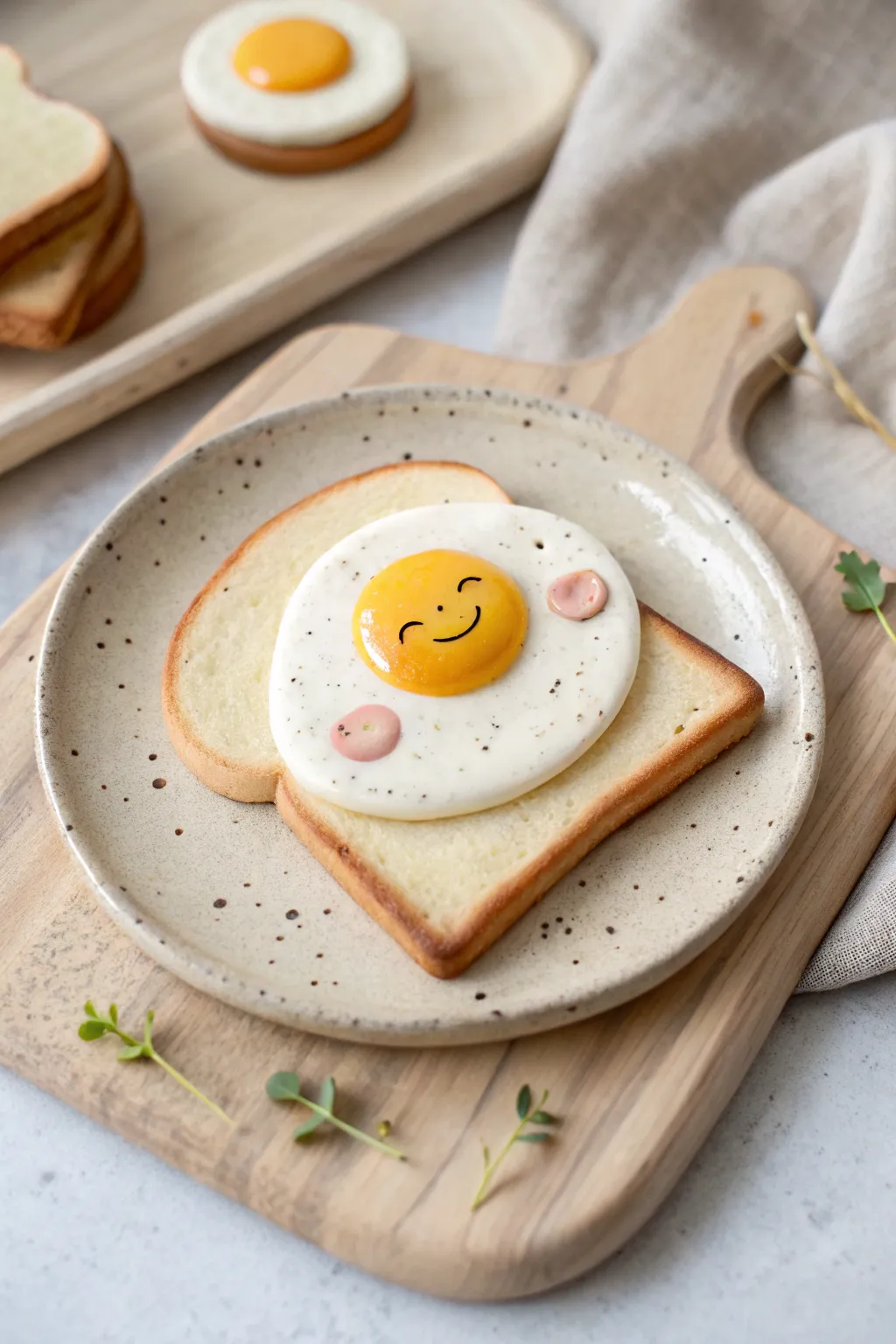 Sweet fried egg toast clay magnet with blush cheeks, minimalist boho styling and cozy contrast