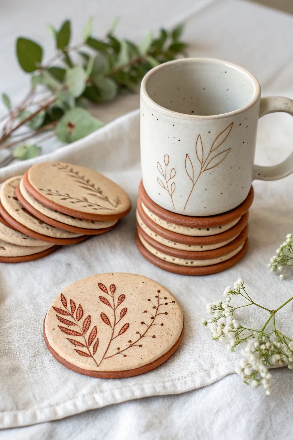 Stamped oven-bake clay coasters with crisp patterns, perfect for cozy minimalist coffee moments.
