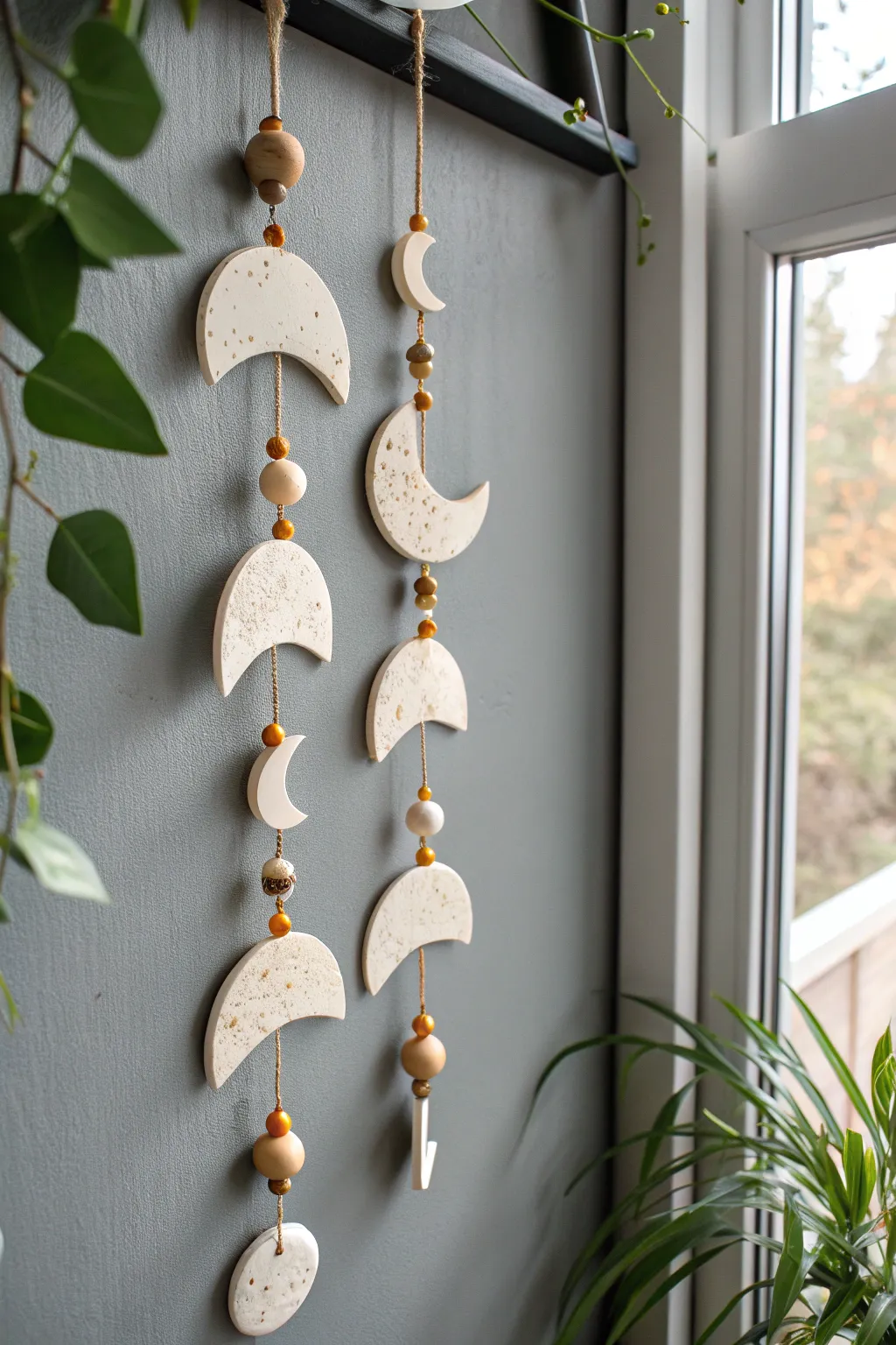 Dreamy polymer clay moon phases with subtle marbling, a minimalist boho touch for any wall.