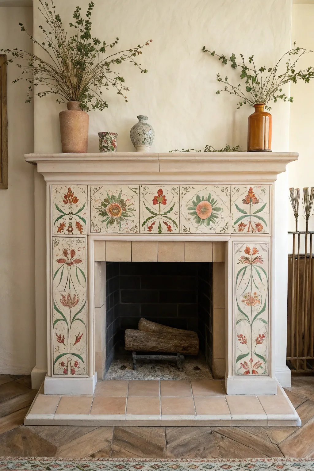 Mediterranean painted tile motifs on a neutral fireplace for a warm minimalist boho look