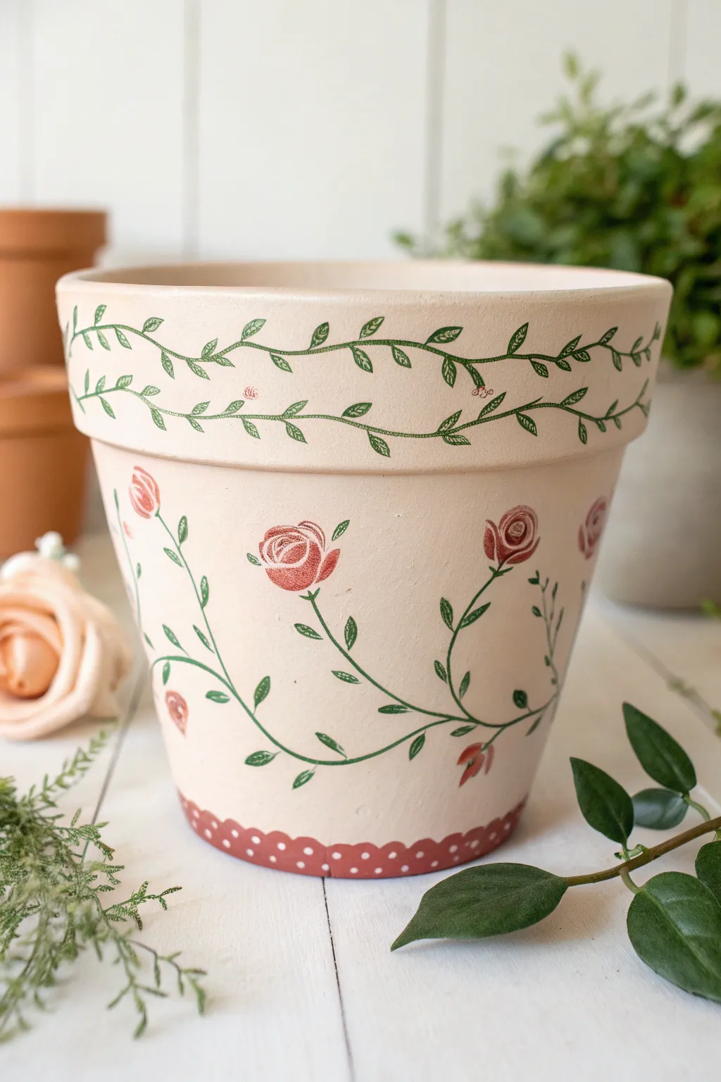 Romantic rosebuds and winding vines on a hand-painted pot in soft Scandinavian style