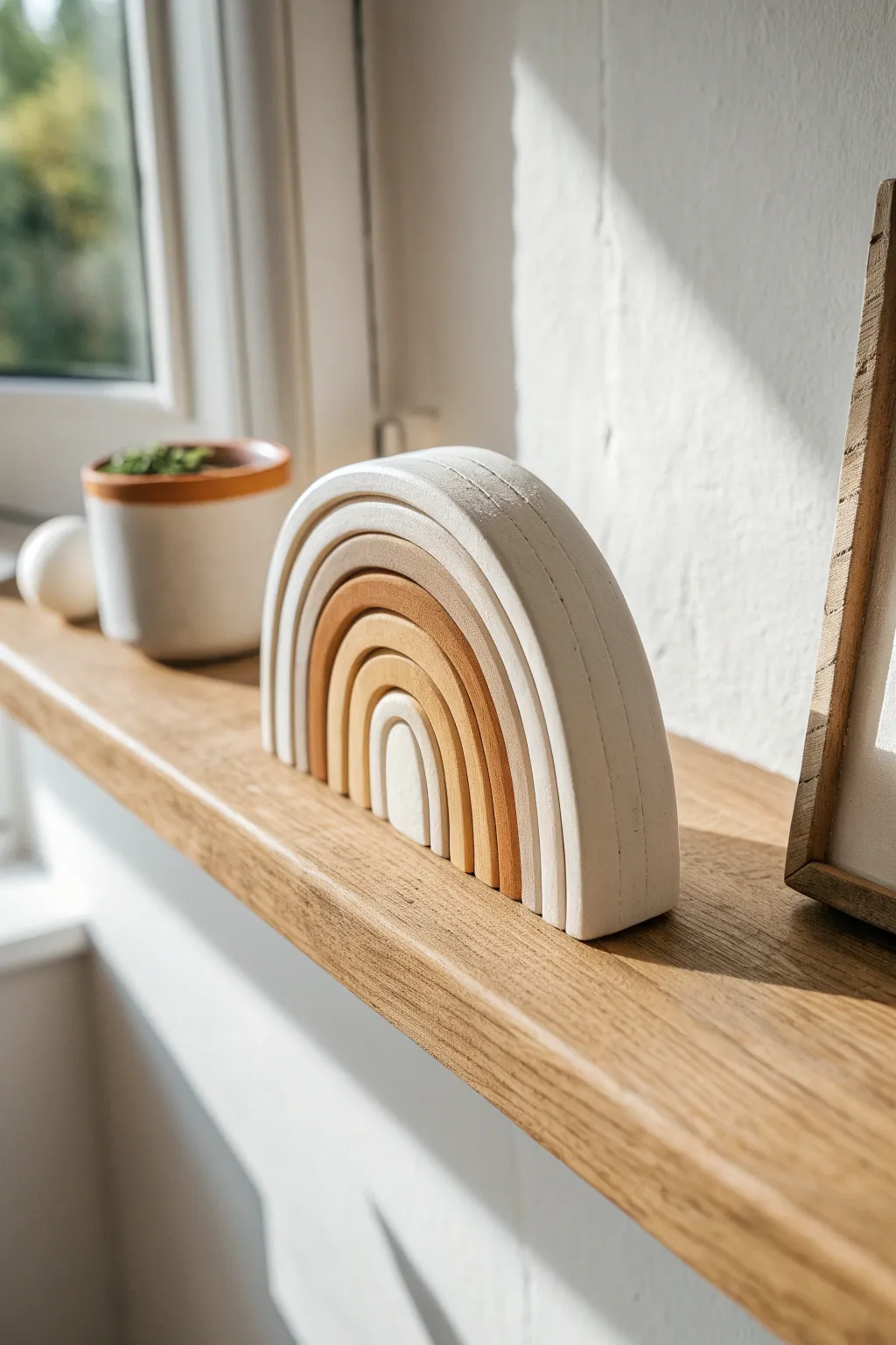 Neutral paper clay rainbow decor in soft beige tones, perfect for a cozy minimalist shelf