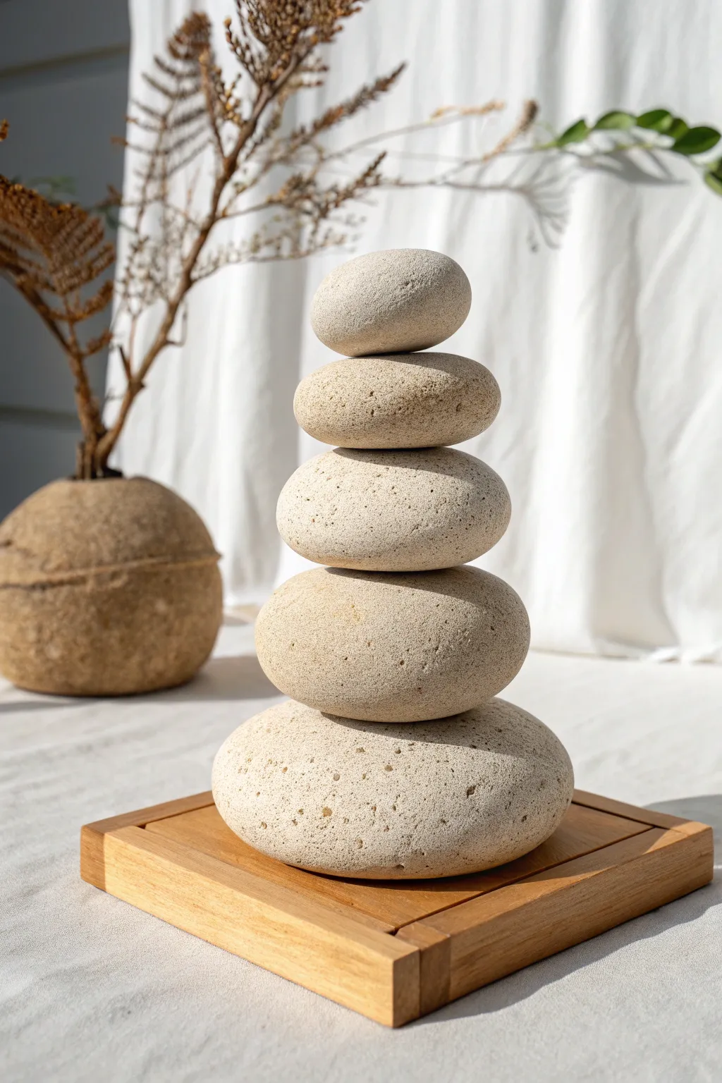 Calm abstract stacked pebble totem in speckled faux stone finish, minimalist boho decor