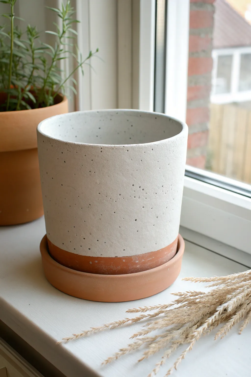Minimal paper mache clay planter cover with speckled stoneware finish, styled on a bright sill