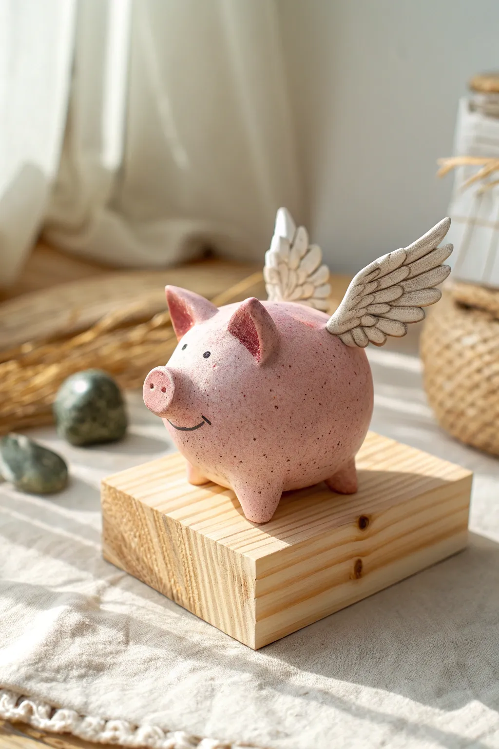 Cute pastel flying pig with tiny wings, a sweet minimalist clay idea with airy boho charm
