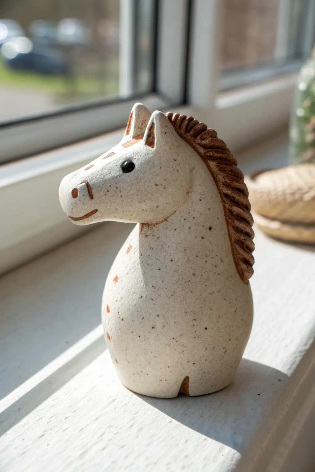 Simple pinch clay horse whistle with textured mane, minimal and beginner friendly