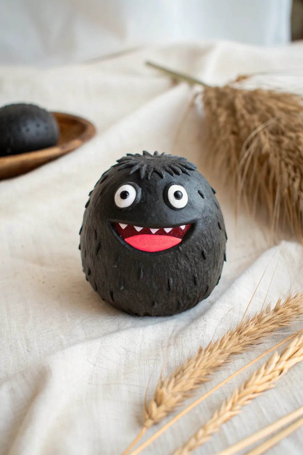 A cozy fuzzball pinch pot monster in charcoal clay with big eyes and a bright mouth pop