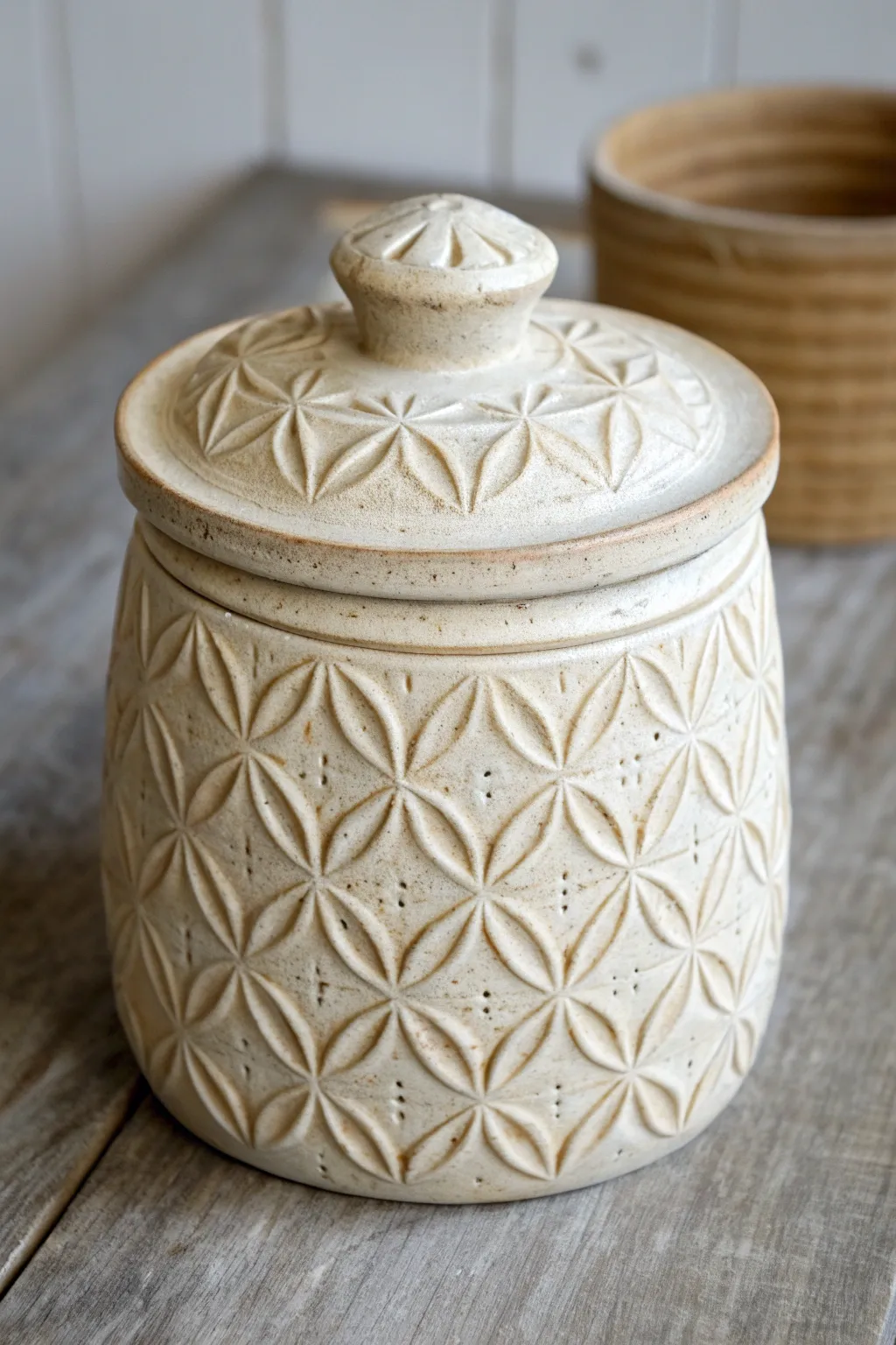Stamped pinch pot jar with a matching lid pattern, finished in a soft neutral glaze for contrast.