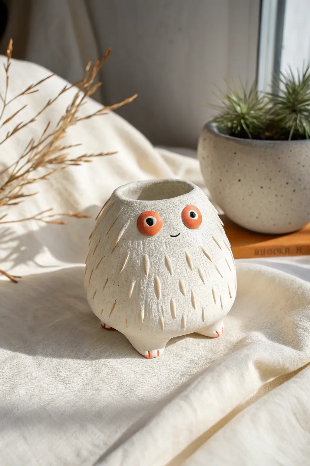 Fuzzy fur texture pinch pot monster in bright coral, playful yet minimalist for your shelf