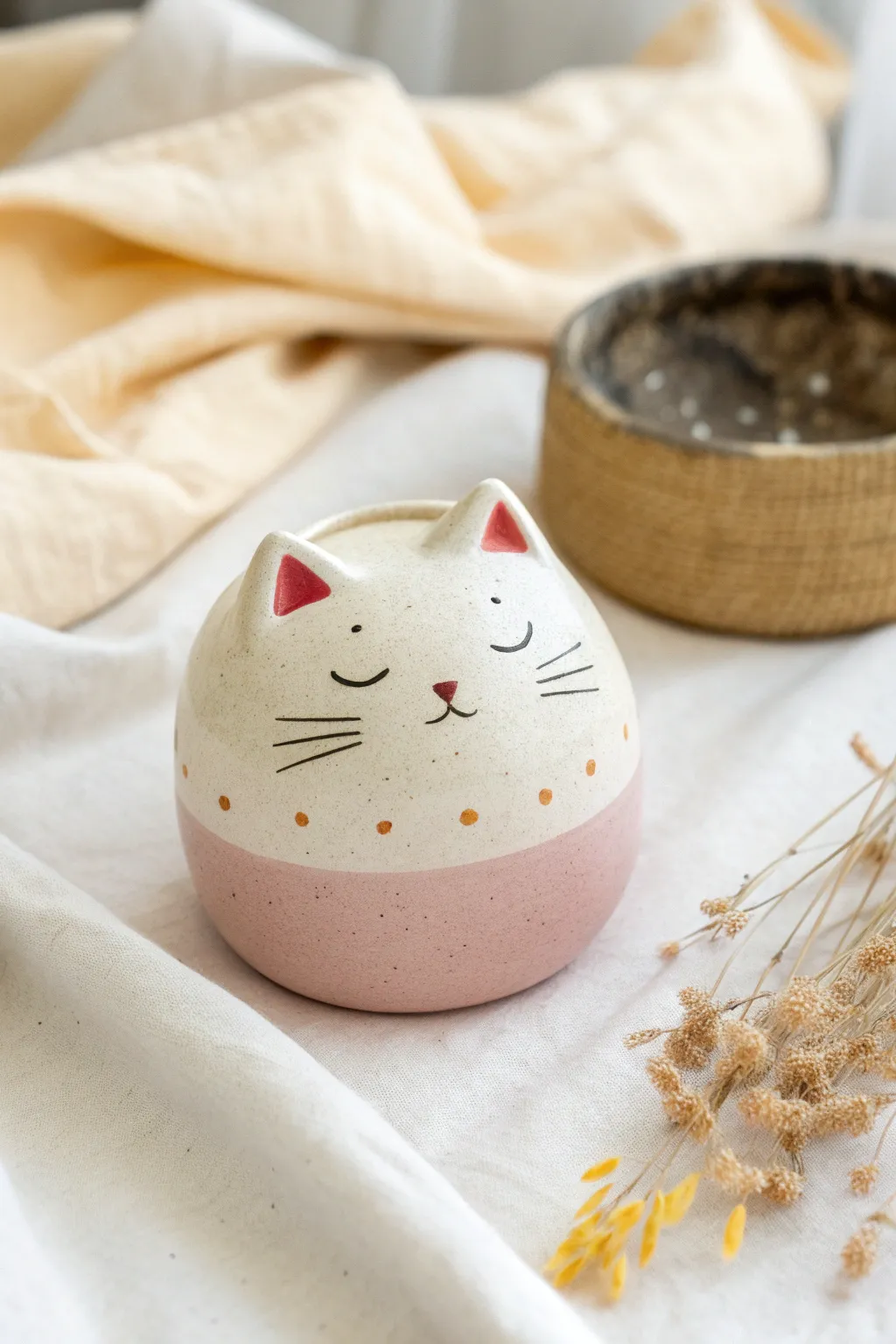 Pastel kitty face pinch pot rattle, clean beginner friendly details in cozy minimalist style