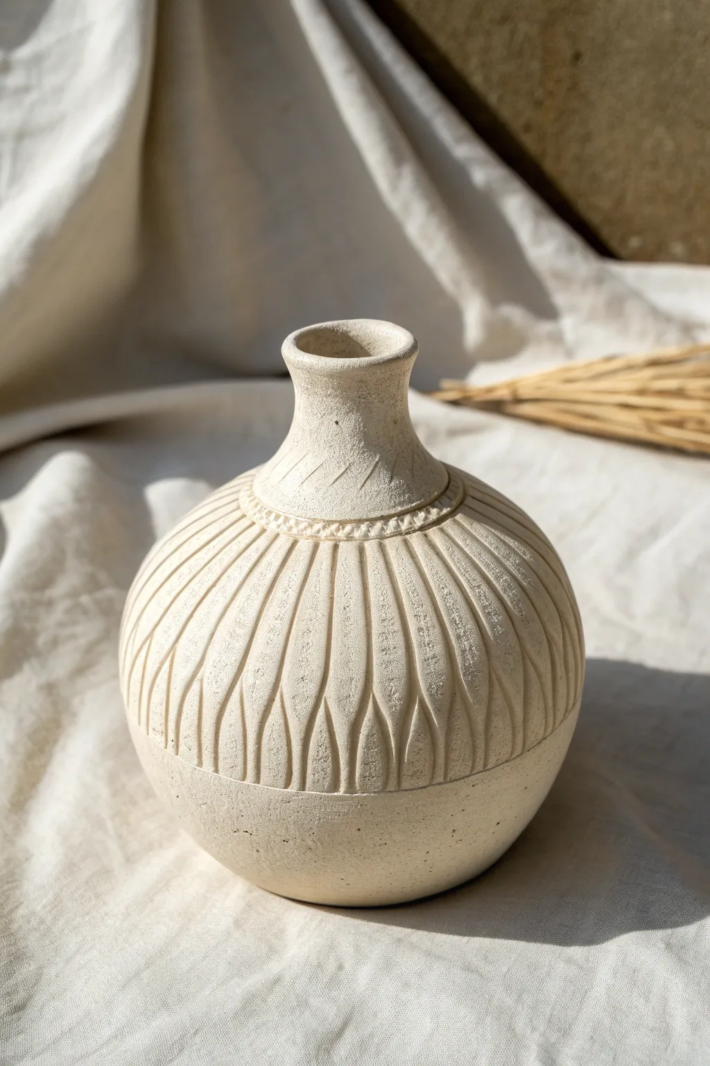 Minimal carved linework pinch pot vase with side light that highlights every groove