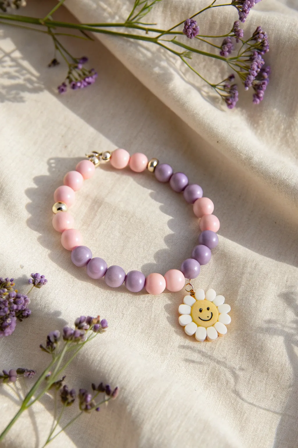 Pink and purple clay bead bracelet with a smiley flower accent for a cheerful, playful vibe.